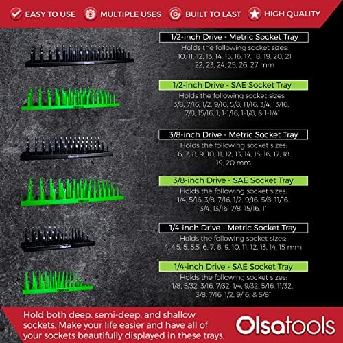 Bandejas Organizadoras do soquete da OLSA Tools | 6 PC 3 Bandejas de linhas SAE & METRIC SOCKENTE GREEN | 1/4, 3/8, 1/2 Drive | Organizador