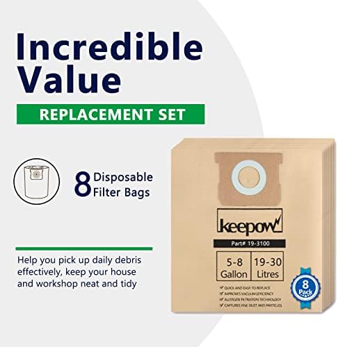 KeepOw Shop Vac Bags Compatível com Stanley Shop Vac 5 a 6 galões, 8 bolsas de filtro descartáveis, Parte 19-3100