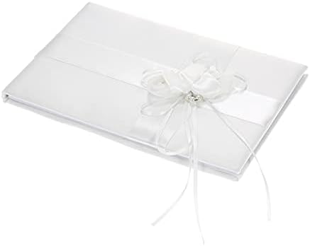 Xmeifei Peças Decoração de casamento Livro de assinatura de fita de cetim branca e suporte de caneta com decoração de pérolas