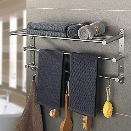Alise Bathrowel Rack Rack Towel Shelf com barras de toalha única e 5 ganchos para o suporte da parede, níquel de aço inoxidável