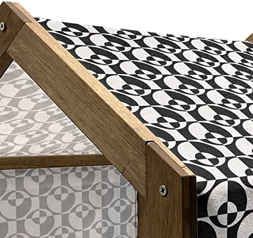 Lunarable Black and White Wooden Pet House, círculos com formas redondas internas dentro do estilo de mosaico futurista