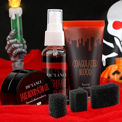 Kit de maquiagem de Halloween, spray de sangue falso+gel de sangue falso comestível+cicatriz de sangue coagulada+esponja, estágio