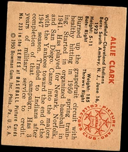 1950 Bowman 233 Allie Clark Cleveland Indians VG/Ex Indians