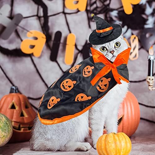 Halloween Costume de animais de estimação Cat Chapéu de abóbora laranja e capa de bruxa Cabo ajustável Pet Set Pet