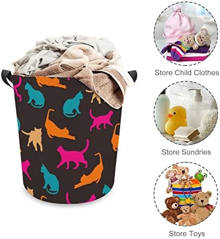 Colorido gatos silhueta cesto dobrável cesta de lavanderia impermeável cesto saco de armazenamento com alça 16,5