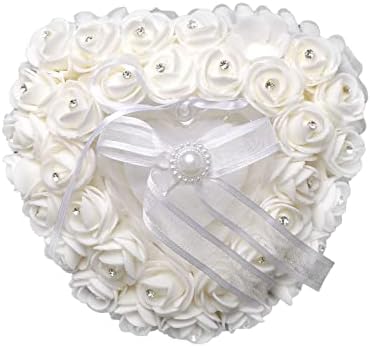 Potyoung Wedding Ring Pillow Crystal Rose Wedding Heart Ring Box Ring Holder Adequado para Cerimônia de Casamento ou Noivado