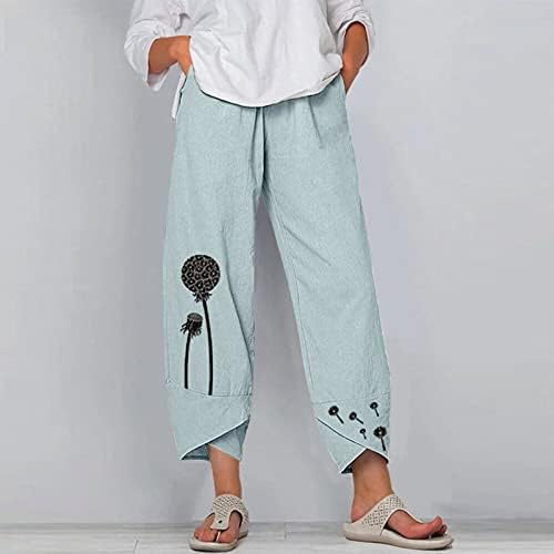 Calças de linho de algodão para mulheres calças capri casuais de verão com bolsos de cintura alta calças de harém vintage harém