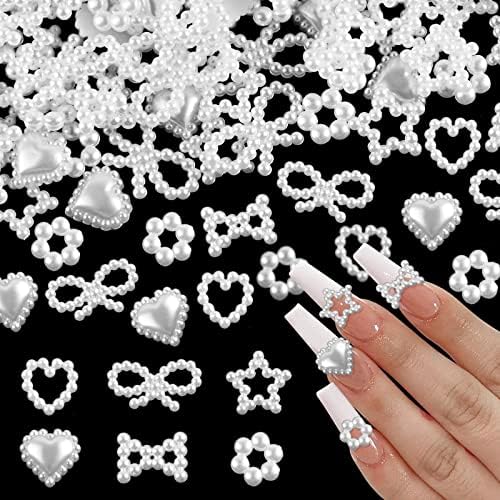 600 pcs pérolas brancas encantos de unhas 3D Multi -formas de coração bowknot star unhas câmas de arte mista de pérolas de acrílico