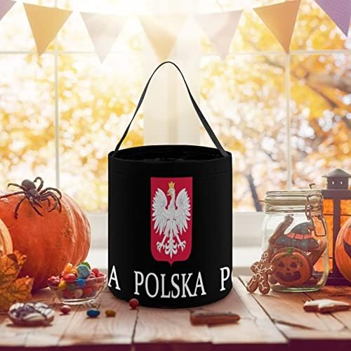 Patriótico Polon Polska Flag Halloween truque ou tratamento de balde de doces de balde reutilizável com alça para