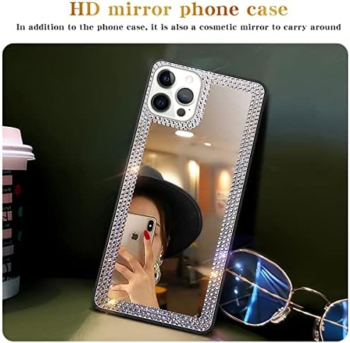 Cavdycidy para iPhone 13 Pro Max Mirror Case para mulheres com strass bling, adelte no espelho para capa de telefone, capa de