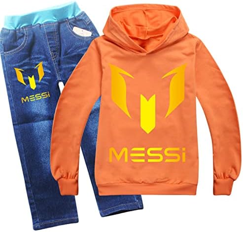 Roupa casual de garotos de Waroost Messi puxada para moletom com capuz de manga comprida com maiô com capuz+jeans para crianças,