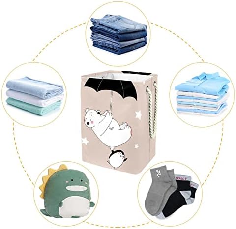 Cesto de lavanderia com alças de transporte fácil, urso branco e pequeno pinguim voando com guarda -chuva cesto de lavanderia
