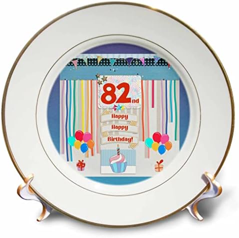 Imagem 3drose de 82º aniversário, cupcake, vela, balões, presentes, serpentina - placas