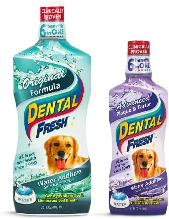 Pacote de aditivos de água doce dental para cães e gatos, fórmula original 32oz e placa avançada e fórmula tártar