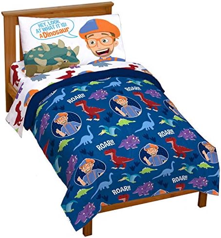 Jay Franco Blippi Dino Fun 4 Peças Conjunto de cama para criança - Conjunto de cama de microfibra super macia inclui edredom de tamanho