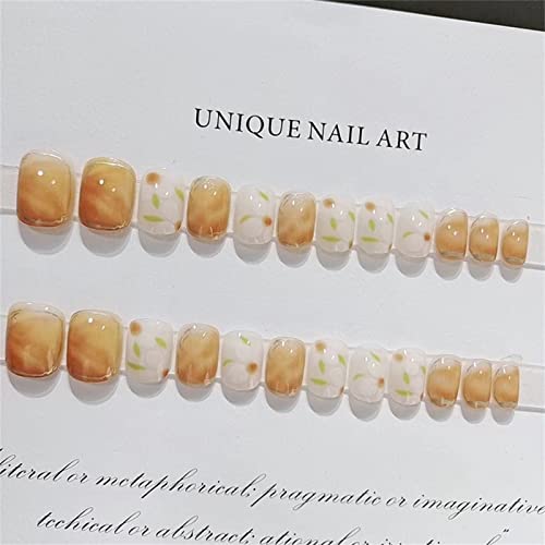 Yepdear Autumn Press On Nails Round Round Fake Nails 28 PCs com Ferramentas de Manicure, Camellia Pattern Mixed Orange