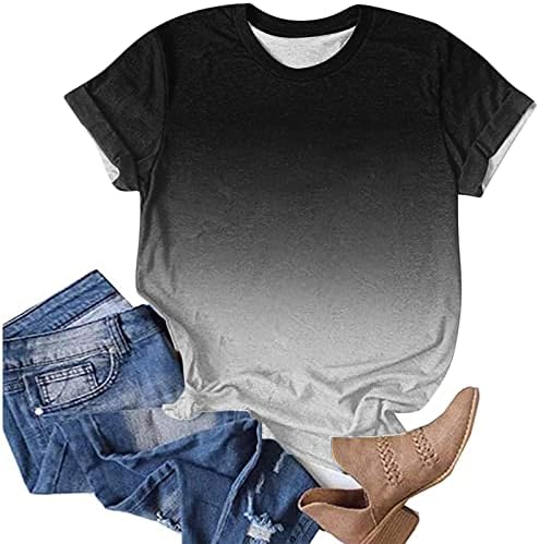 Verão feminino 2023 camiseta solta blusa tops menina gradiente curto gradiente impressão casual fofo tees gráficos