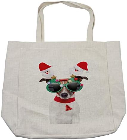 Bolsa de compras de Natal de Ambesonne, cachorro engraçado Jack Russel com hilariantes óculos de sol Papai Noel e sino, bolsa reutilizável