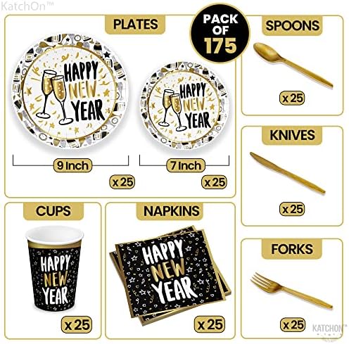 Pacote de Confetti de 2023 preto e prata | Feliz Ano Novo Conjunto de Tableware descartável | NYE Decorações 2023 | Ano Novo Véspera