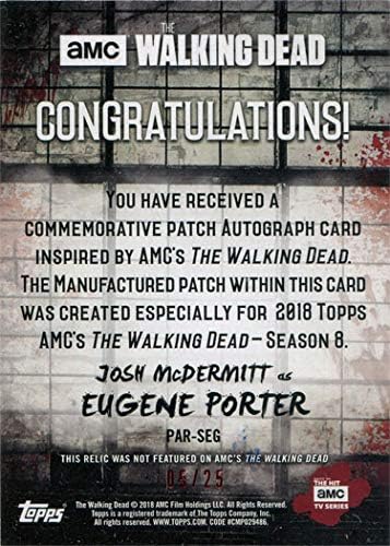 Walking Dead Season 8 Faction Patch Autograph Par-Seg Josh McDermitt Mold, 05/25