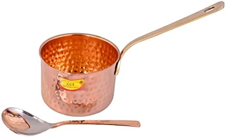 Shiv Shakti Arts Molho de cobre puro Pan Tadka Pan alça de latão pesada com servir a Spoon Indian Home Food Homeware :: 1 Peça Conjunto