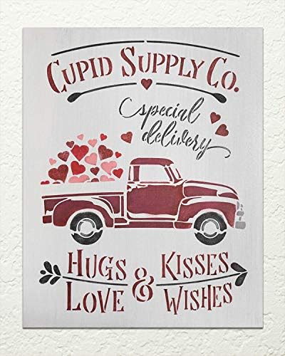Cupid Supply Co Stêncil com Hearts & Vintage Truck by Studior12 | Decoração de casa dos namorados DIY | Sinais de madeira de artesanato