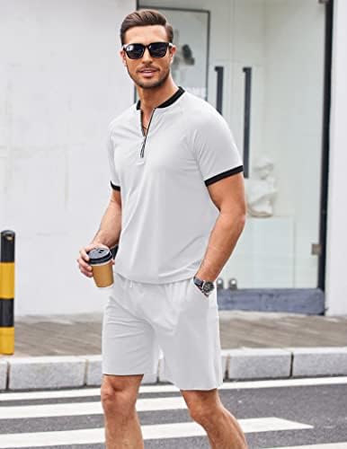 Coofandy Men's 2 Peças Roupa de algodão Tarter zip e shorts Definir um terno atlético casual trajes de verão