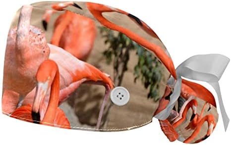 Bapa de trabalho de padrão de flamingo com botões Cap cabelo comprido elástico Ribbon Back Back para mulheres