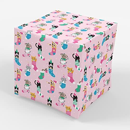STESHA Party Pink Christmas Kitty Presente de papel de embrulho - Flat dobrado 30 x 20 polegadas - 3 folhas