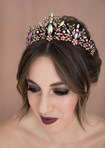Sweetv tiaras e coroas para mulheres, coroa iridescente da rainha do cristal, tiara de casamento multicolorida para noiva, concurso