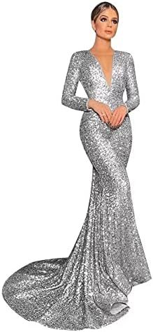 V Vestido de baile de lantejoulas de manga comprida V para mulheres 2023 Mermaid Long Sparkle Sparkle Formal Festy Dress