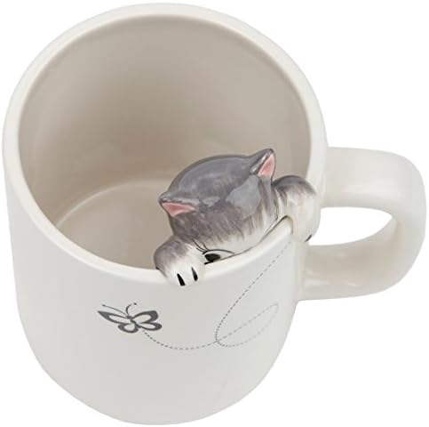 Lily's Home fofa agarrando caneca gato de gato cinza para café e chá. Xícara 3D de cerâmica para amantes de gatos