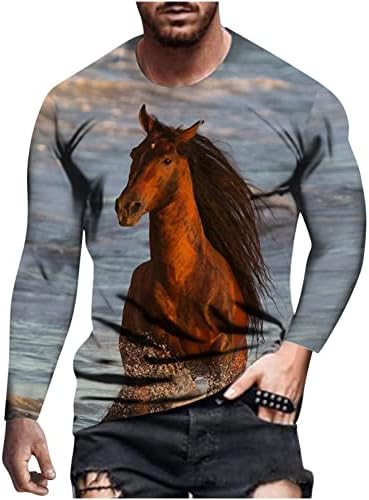 Tops diários masculinos Camiseta estampada de cavalo 3D Camiseta longa Crewneckneck de pullover leve camisetas gráficas casuais