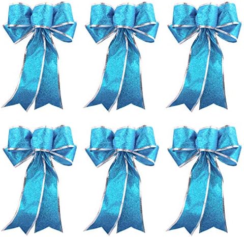 Worldoor Lake Blue Glitter Christmas Ribbon Bow Tree Decorações Janelas Presentes pendurados Ornamentos, 6 PCs