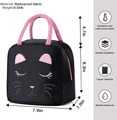Poucos de mochila escolar negra de gato fofo com lancheira para garotas de 8 a 16 anos, sacos de bolsas de ensino fundamental
