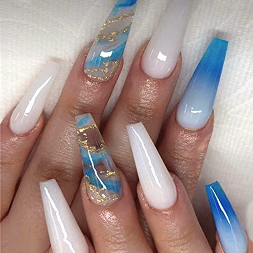 YOSOMK Gradiente Pressione em unhas Long gelo azul e branco com douradas Glitter Fake Nails Pressione em pregos artificiais de