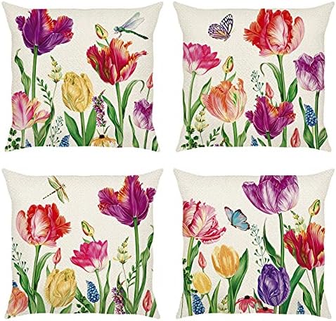 BONHAUSE Tulip Spring Floral Pillow Capas de 18 x 18 polegadas conjunto de 4 travesseiros coloridos do jardim da fazenda linho