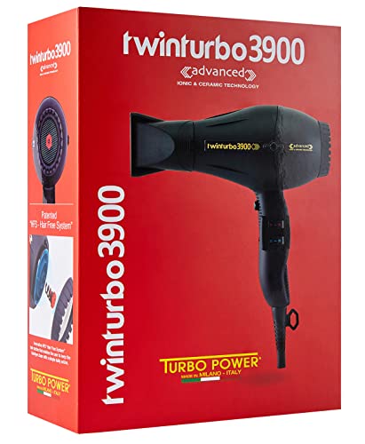 Turbo Power 3900 Secador de cabelo Profissional iônico, preto, Turbo Blower Avançado, vem com pincel