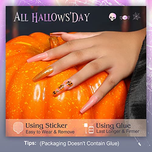Kikmoya Coffin Nails Pressione em unhas falsas de Halloween Long Orange com Pumpa de Pumpa Glitter Pumpkin em unhas