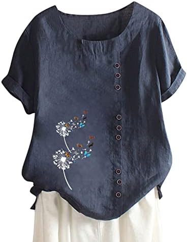 Manga de pescoço curto de linho de tampas femininas com tops de botões de t-shirt impressos blusas e tops moda