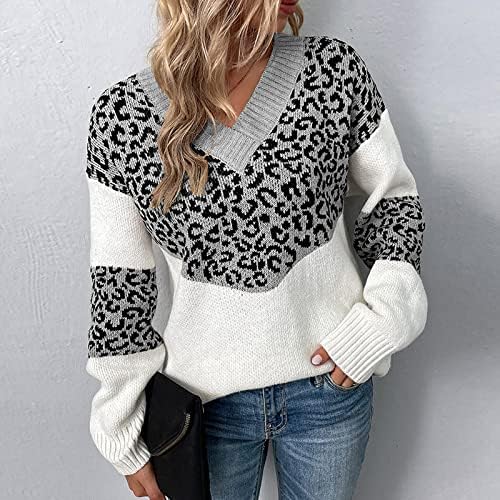 Suéteres de pulôver com estampa de leopardo para mulheres v pescoço de manga comprida moda casual bloco de malha de malha