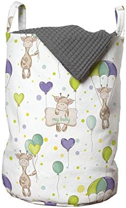 Bolsa de lavanderia de desenho animado de Ambesonne, girafas voando com balões com polca de fundo pontilhado de amor composição