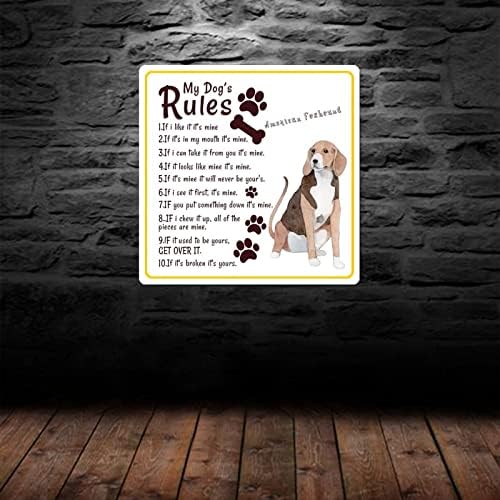 Placa de placa de cão de metal engraçado Regras do meu cachorro Cabine de porta de cachorro angustiado com citação de cães