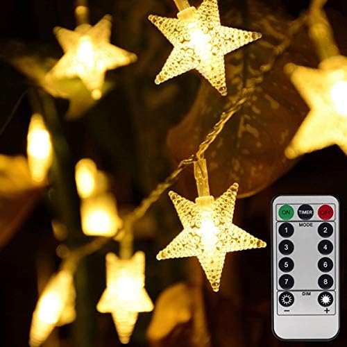 Homeleo Warm White 50 LEDs LED STAR Fairy Lights com controle remoto, luzes de estrela com cinco pontos alimentadas por bateria Luzes