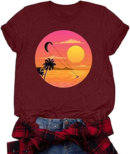 Tops for Women Casual Casual Manga curta Treça de coco Tees gráficos Logo V Camisetas de praia de férias de pescoço