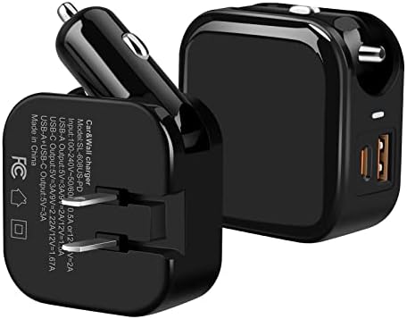 Carregador de carro Bolweo e carregador de parede 2 em 1 para viagens, 20W PD Fast Charger Portas Dual Tipo C USB Um plugue dobrável