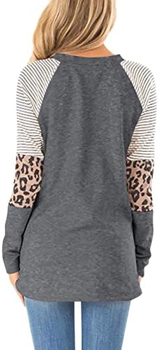 Nokmopo feminino na primavera e no outono de moda leopardo listra redonda pescoço de manga comprida t-shirt top slim brasic
