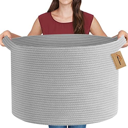 Megasket cesto de armazenamento cinza extra grande, 22 x 22 x 14 xxxl cesta de mantas para sala de estar, cestas de corda de algodão