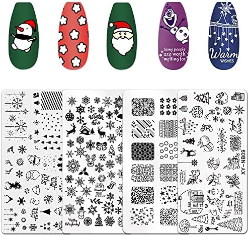 4 peças pratos de estampagem de unhas de natal, pratos de arte de natal santa rena rena Tree Snowman Snowflake Placa de inverno Placa
