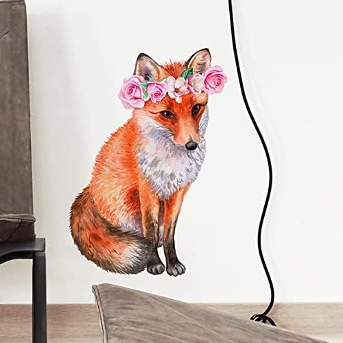 Woyinis Aquarela 3D Adesivo de parede de raposa decalques de parede de raposa 16 × 24 Fox fofo com rosa grinaldas de florar de